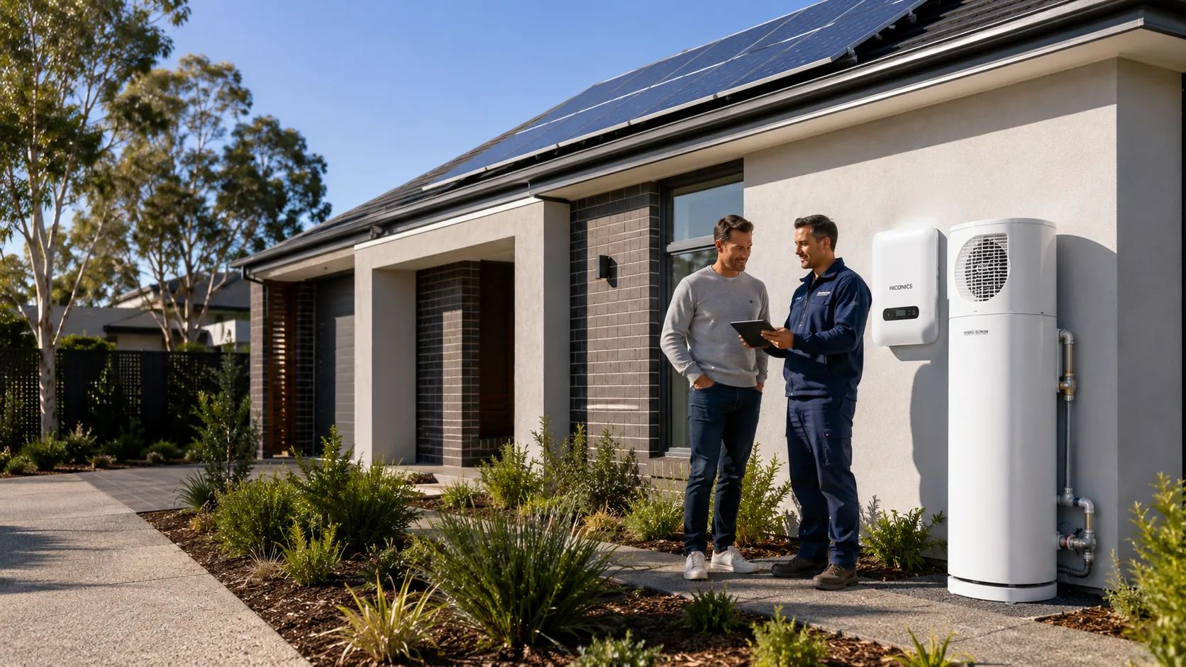 Technician showing a homeowner a heat pump hot water system installed outside a solar-powered Victorian home.