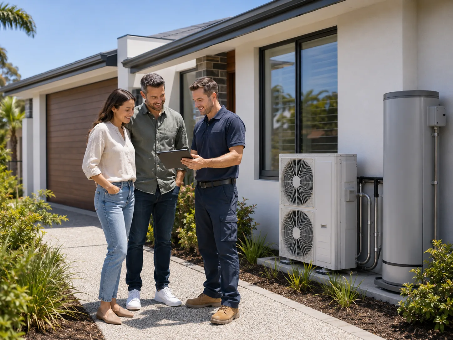 Homeowners discussing a VEU upgrade with an installer outside a Victorian home with efficient heating, cooling and hot water systems.
