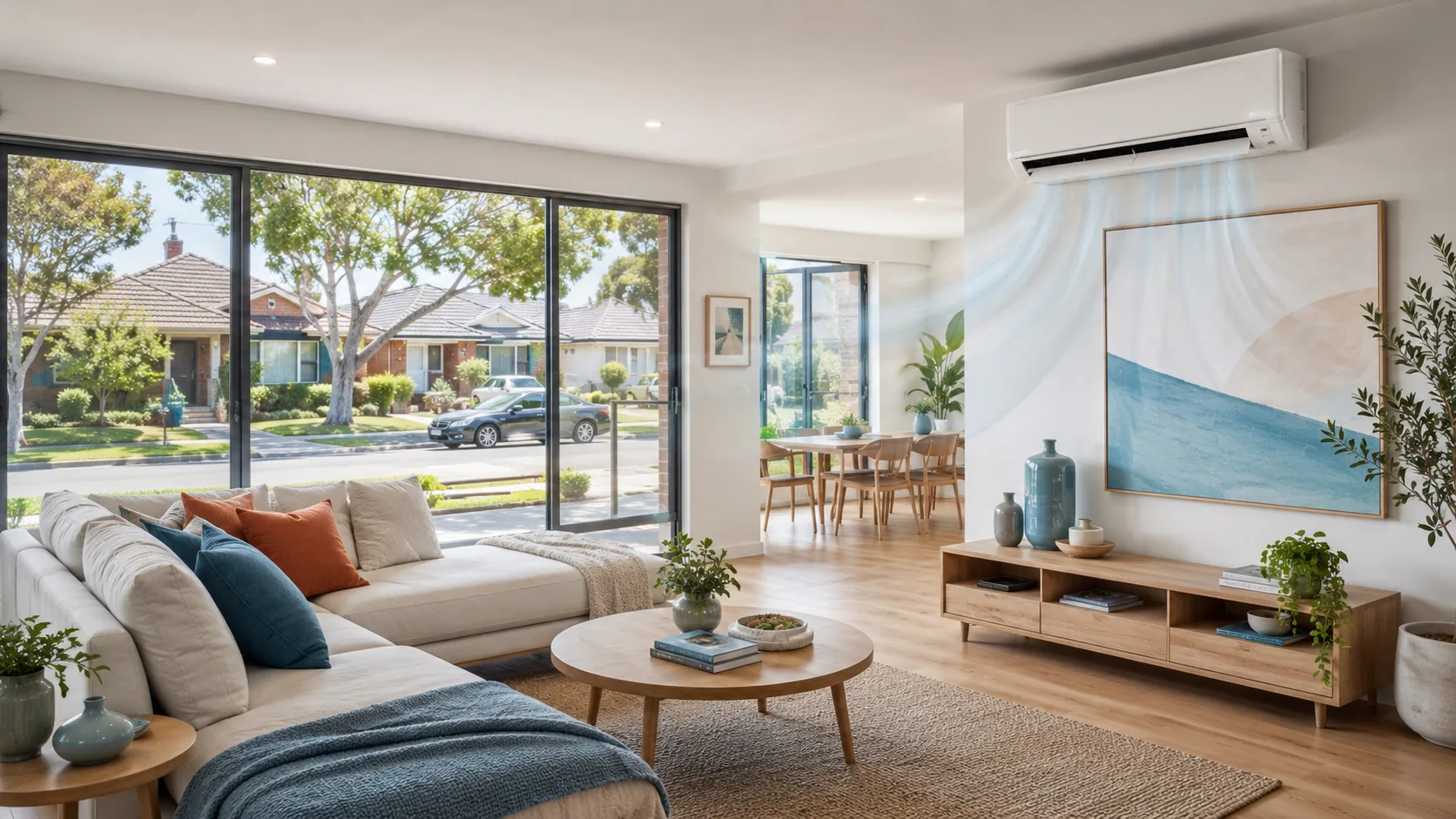 Bright modern living room with wall-mounted split-system air conditioner cooling the space