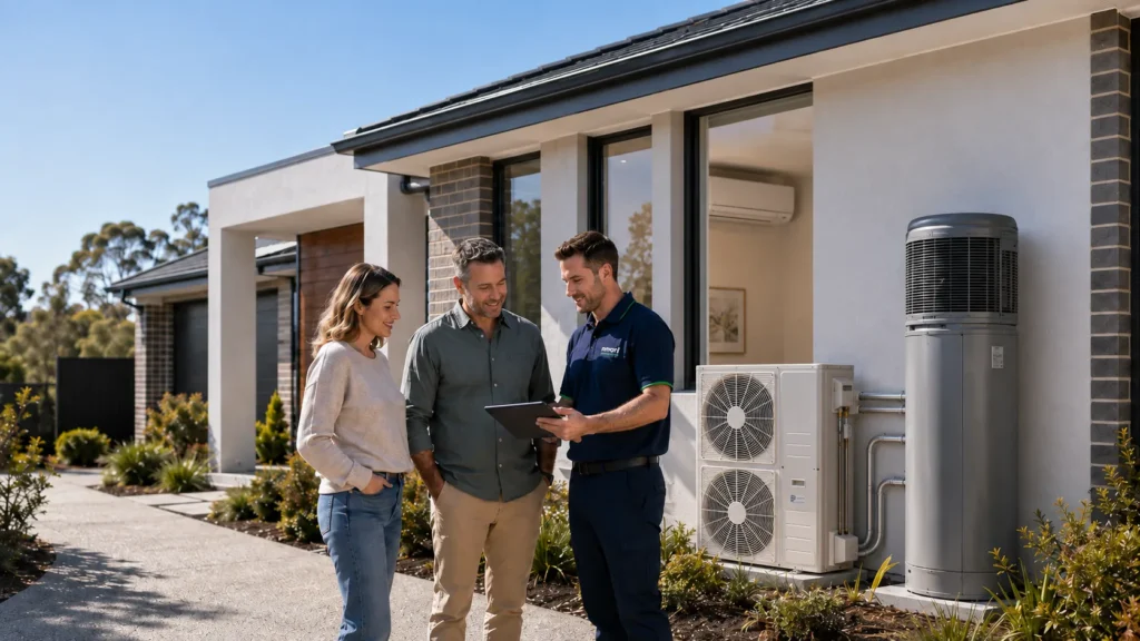 VEU home energy upgrade assessment with homeowners and an installer beside a split system and heat pump hot water unit.